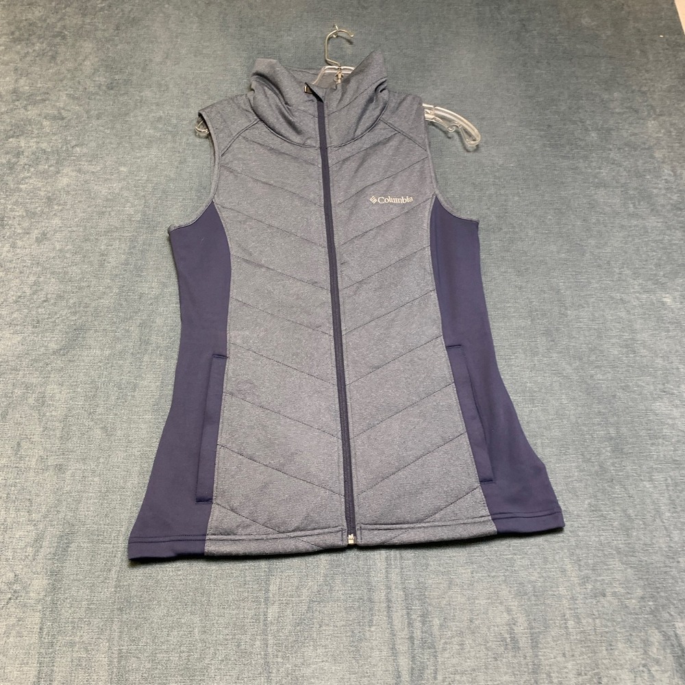Columbia Sportswear Quilted Full Zip Vest Womens Small Blue Gray Pockets Logo